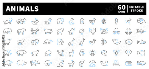 Animal icons: editable line icons set. linear wildlife and fauna graphics