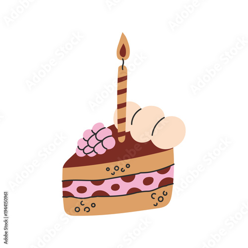 Birthday Chocolate Cake Slice with Candle. Minimal hand drawn Patisserie Confection Pastry Item with sponge cream and raspberry. Flat vector illustration for holiday card