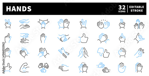 Hand gestures editable line icons set. linear and gesture symbols