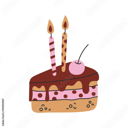 Chocolate Birthday Cake Slice with Cherry and Candle. Playful Hand Drawn Vector illustration of Sponge Patisserie and dripping frosting. Flat style