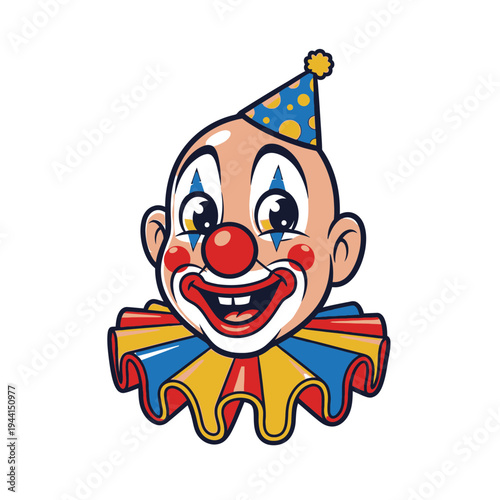 Happy Clown Face with Party Hat and Ruffle Collar.