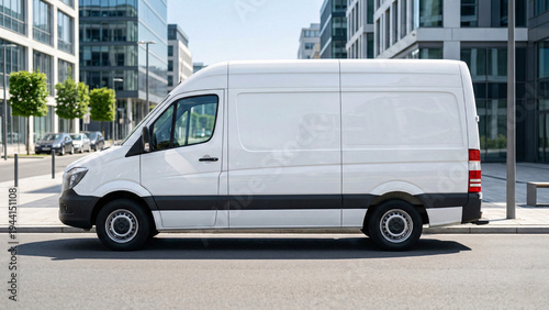 Blank white delivery van mockup driving on city street.