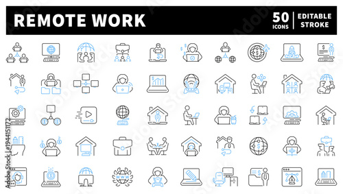 Remote work editable line icons set: telecommuting and digital workspace symbols