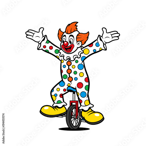 Happy clown riding a unicycle with arms outstretched.