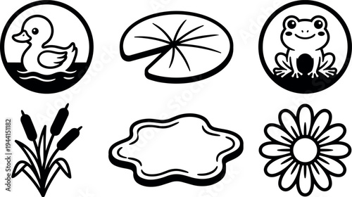 Black and white vector icons of duck frog lily pad cattail pond water flower nature symbols collection