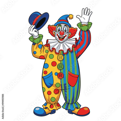 Happy Clown Waving Hat and Hand in Colorful Costume.