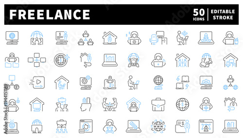 Freelance editable line icons set. remote work and digital nomad symbols