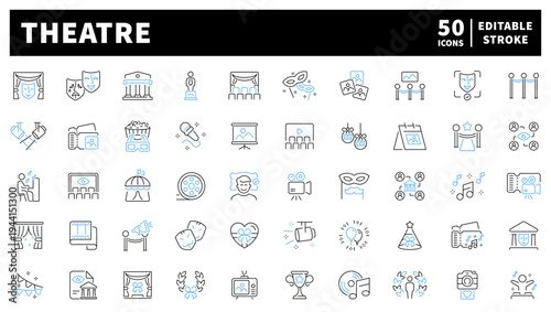 Theatre editable line icons set: linear style for drama, stage, and performance