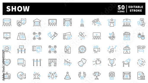Entertainment editable line icons set. theater, film, and concert symbols