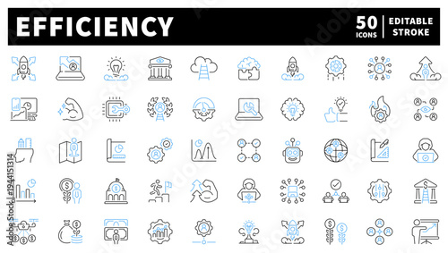 Efficiency editable line icons set: productivity and innovation symbols