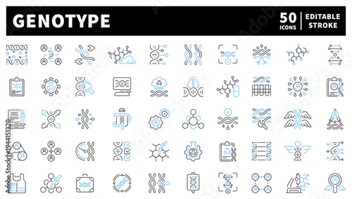 Genotype editable line icons set: biology, dna, scientific illustration style