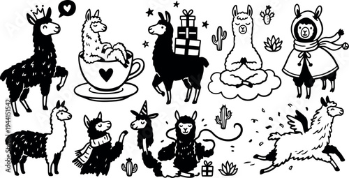 Black and white vector art collection of cute llamas in various poses with gifts cups cactus and mythical wings whimsical doodle style