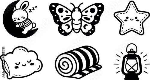 Vector art set of cute sleeping bunny on moon cloud pillow smiling butterfly star lantern and rolled towel icons in black outline style