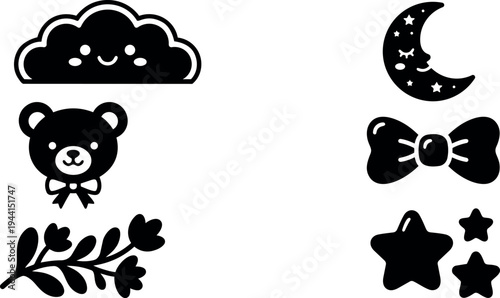 Cute minimalist vector icons of smiling cloud bear with bow flowers moon stars and ribbon bow simple black silhouette collection