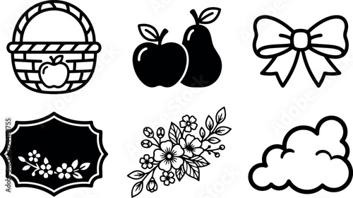 Black and white vector icons with apple basket floral bouquet decorative bow and cloud shapes in simple bold line art style