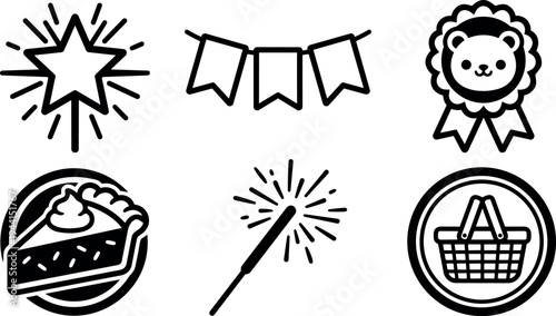 Minimalist black and white vector icons set including magic wand star ribbon pie slice and picnic basket illustration