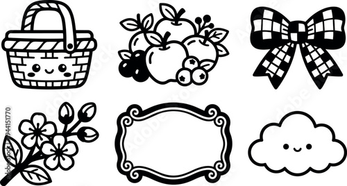 Cute kawaii style smiling picnic basket with handle fresh fruit bunch checkered bow cherry blossom branch ornate label and happy cloud vector icons