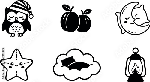 Cute sleepy owl wearing nightcap next to smiling star cloud sleep moon pillow lantern vector icons