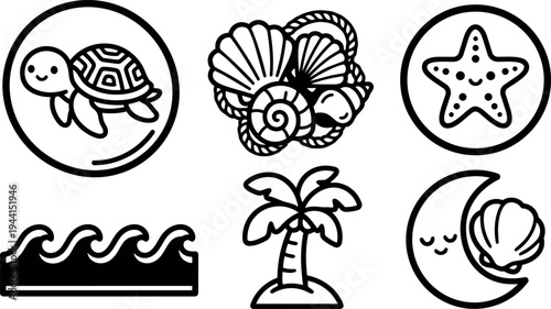 Black and white vector icons set featuring smiling turtle shell seashell starfish waves palm tree moon coastal ocean elements