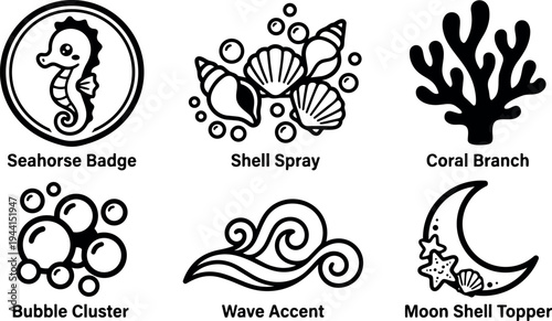 Black and white vector icons including seahorse badge shell spray coral branch bubble cluster wave accent and moon shell topper