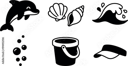 Simple black and white flat design beach icons including dolphin seashell wave bubbles bucket and sun visor cap set vector art