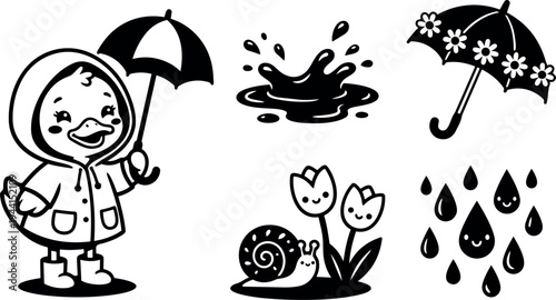 Cute duckling wearing raincoat holding umbrella near happy raindrops smiling flowers and cheerful snail in playful weather cartoon