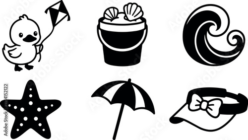 Flat design black and white illustration of cute duck flying kite starfish bucket umbrella and visor hat summer theme