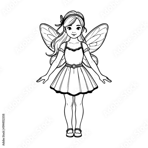 Dibujo sencillo con líneas de una niña de pie vestida con un disfraz de hada con alas