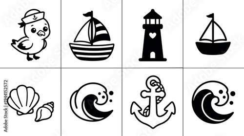 Cute sailor duck boat lighthouse seashell wave anchor nautical themed black and white vector icon set