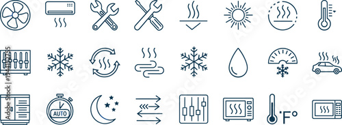 HVAC climate control icons, air conditioning heating ventilation temperature automation symbols, smart home thermostat outline vector icon collection