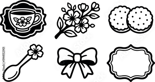 Black and white vector icons set including tea cup with flower spoon floral branch bow and decorative frame design elements