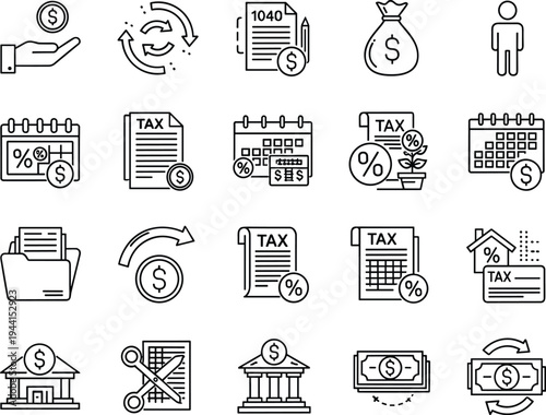 Tax accounting icon set, finance payment symbols, income report outline vector collection for business, audit, budget, web design