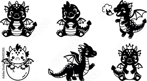 Cute black and white vector art of six baby dragons in various poses including hatching flying sitting and fire breathing