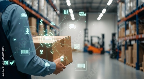 Modern warehouse worker utilizes augmented reality for smart logistics, embodying the concept of efficient supply chain management and data-driven package distribution optimization
