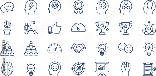 Motivation success icon set, leadership goal symbols, achievement mindset outline vector collection for business, coaching, training, web design