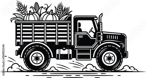 Black and White Farm Truck Loaded with Pumpkins Corn and Wheat.