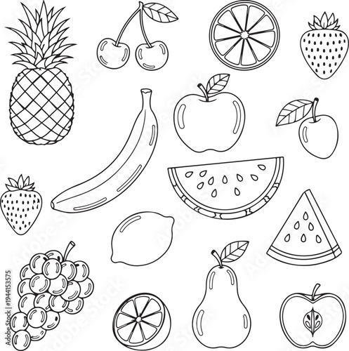 Black and white line collection of various fruits including pineapple banana apple pear grapes cherries strawberries and citrus slices