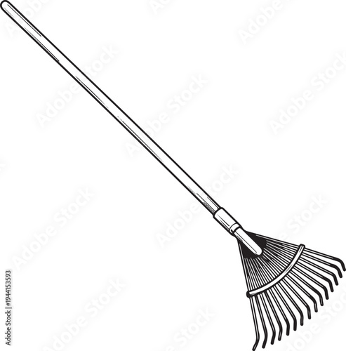 Black and white line of a garden rake garden tool gardening equipment