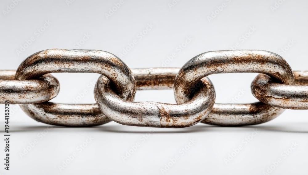 Fototapeta premium Close-up of a weathered metal chain with links interlocked, set against a white background