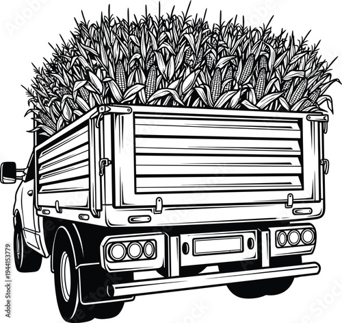Black and White Illustration of a Truck Bed Overfilled with Corn Stalks.