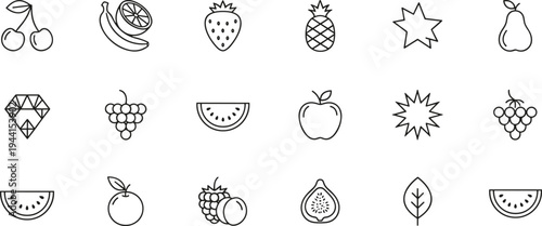 Fruit icon set, outline healthy food symbols, fresh organic berries, tropical vector collection for grocery, menu, web design