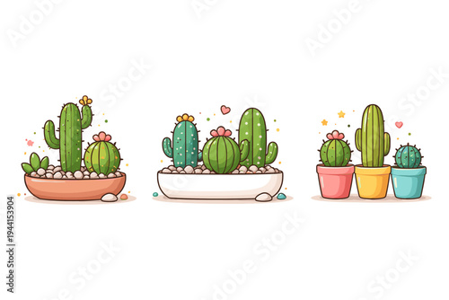 Cute cartoon cactus collection in pots and planters with decorative pebbles and flowers