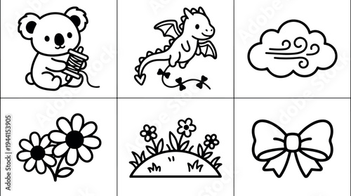 Cute cartoon koala holding yarn ball flying cartoon dragon blowing wind stylized cloud vector art flower bouquet flower bed and decorative bow icons
