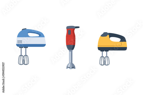 Collection of three different kitchen mixers, hand and immersion blender styles