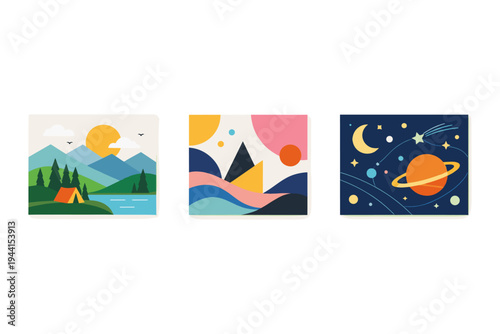 Collection of three minimalist flat illustrations: nature, abstract shapes, and outer space scenes
