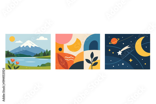 Three diverse flat design illustrations: nature landscape, abstract shapes, and outer space scene