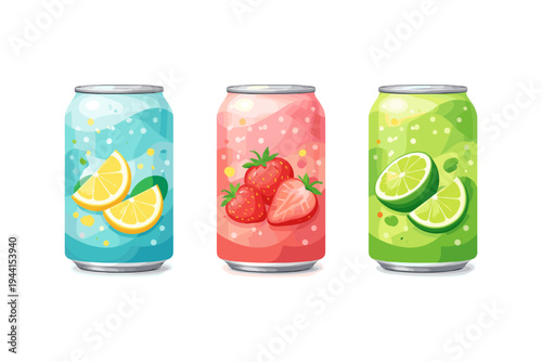 Assortment of refreshing fruit-flavored soda cans with lemon, strawberry, and lime designs