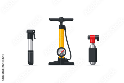 Collection of three different bicycle pumps for inflating tires, isolated on white background