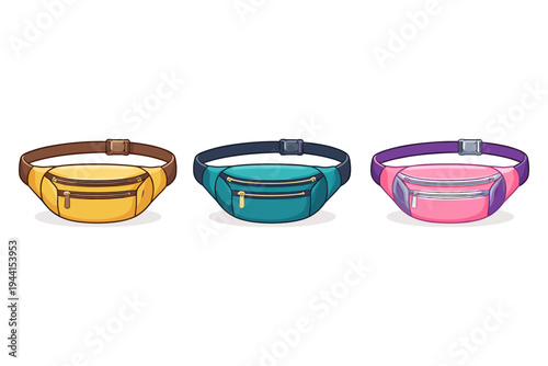 Three colorful fanny packs displayed side by side on a white background