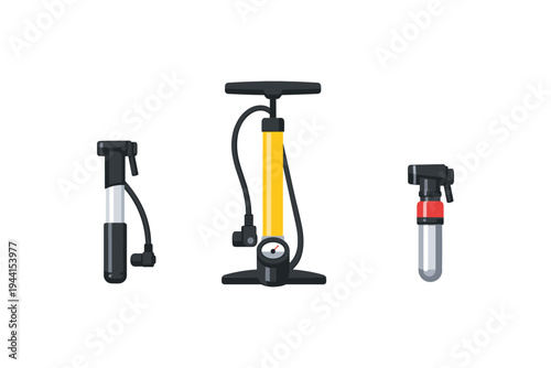Collection of three different bicycle tire pumps with hoses and handles